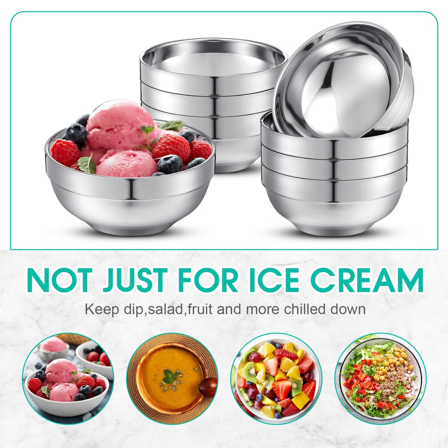 Funnymoom 8 Pack 24 oz Stainless Steel Bowls Double Walled Insulated Soup Ice Cream Metal Mixing Nesting Bowls for Serving Soup Rice Cereal (304 Stainless Steel)