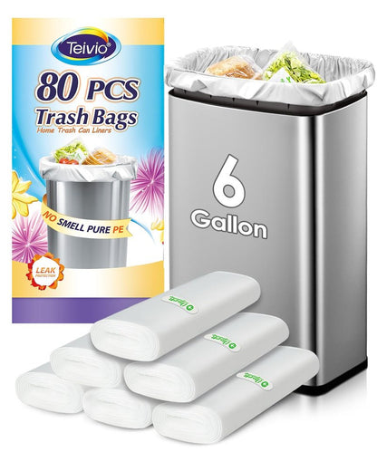 Teivio 6 Gallon 80 Counts Medium Garbage Bags Trash Bags, Bathroom Trash Can Bin Liners, Plastic Bags for home office kitchen,Garden Outdoors waste,Clear