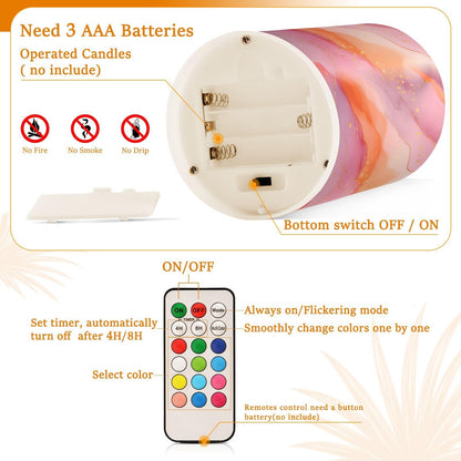 zyrtty 2 Pack Plastic Flameless Candles Light Pink and Orange Abstract Marble Pattern Battery Operated with Remote and Timer Real Wax LED Flickering Pillar Candles Set Window Christmas Holiday Decor