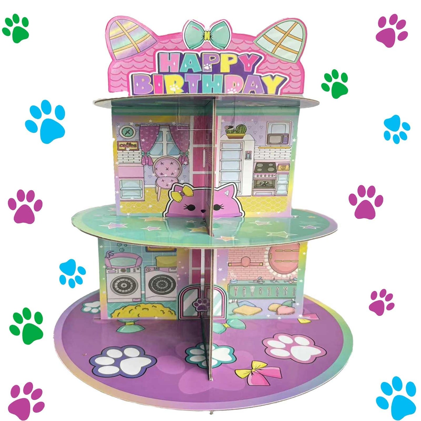Cartoon Cat Dollhouse Cupcake Stand 3-Tier Pink Cake Stand for 24 Cupcakes Dollhouse Theme Birthday Supplies Pink Cute Cat Birthday Decorations for Girls