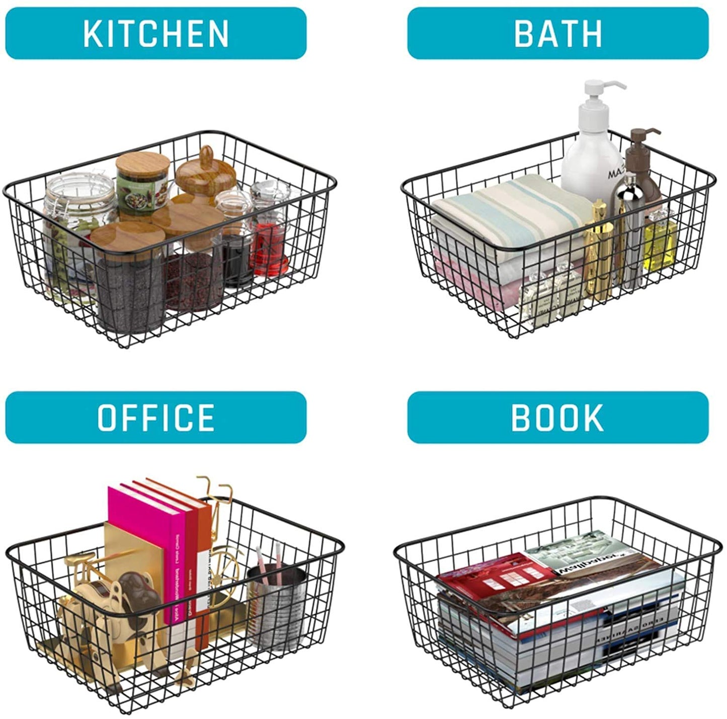 HDYOUDO Metal Black Large Wire Basket Food Storage Organizer,pantry organizers and storage for Organizing Kitchen Cabinets potato onion, 4 Pack