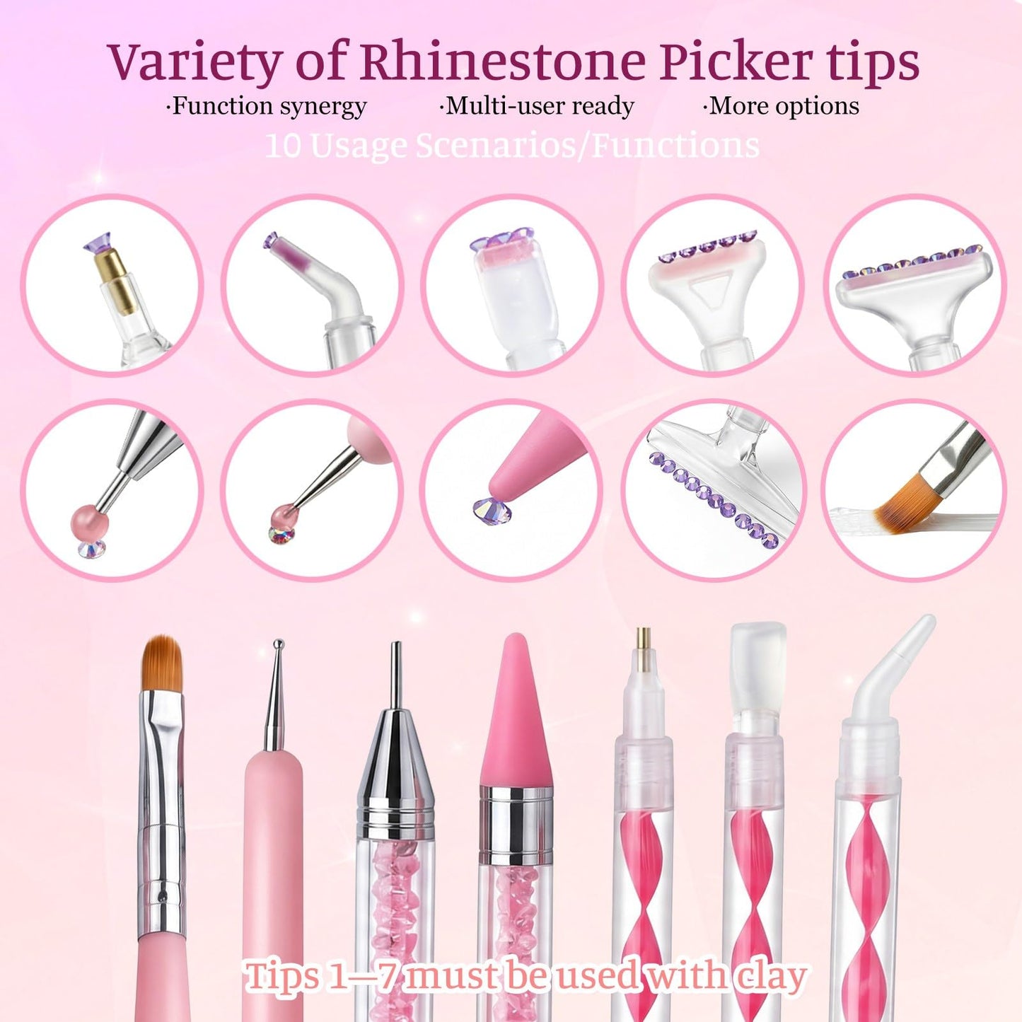 OCARDI 30Pcs Rhinestone Picker Tools for Bedazzling Kit - B7000 Jewelry Glue for Craft,9-in-1 System with 3 Picker Pens&9 Interchangeable Tips, Trays,Tweezers&Clay,All-in-One Diamond Art Painting Set