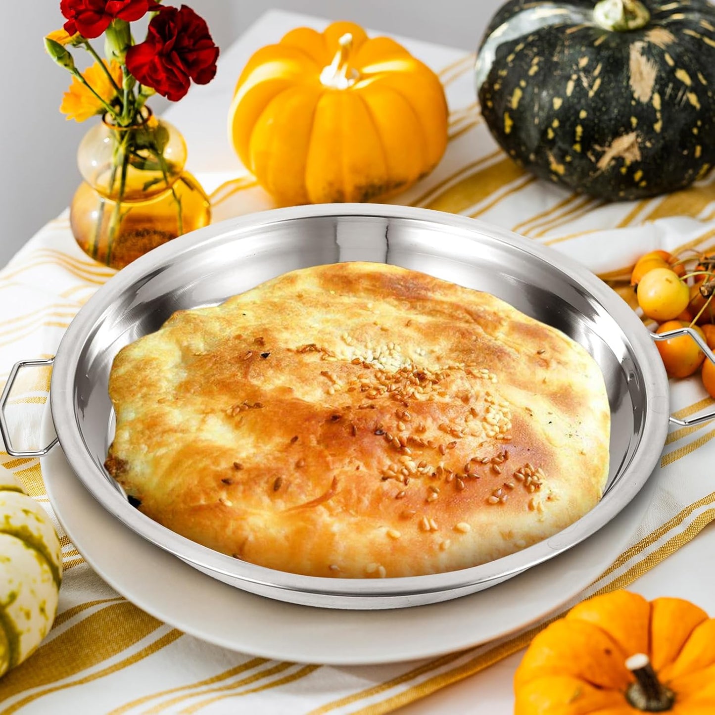 Luxshiny 2PCS Stainless Steel Roasting Pan, Round Baking Tray for Pizza and Turkey