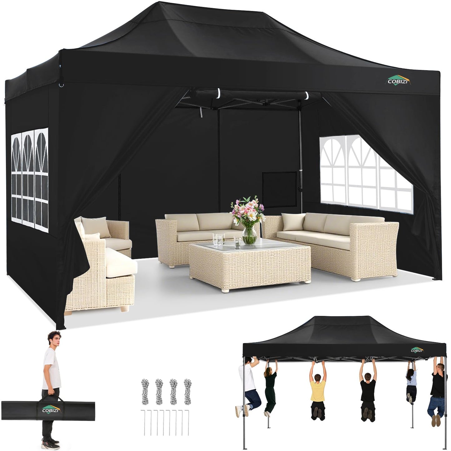 COBIZI 10x15 Pop up Canopy Tent Heavy Duty, Easy Set-up Commercial Outdoor Party Tent, 100% Waterproof Wedding Tents Gazebo, 3 Height Adjustable with Wheeled Bag, Black
