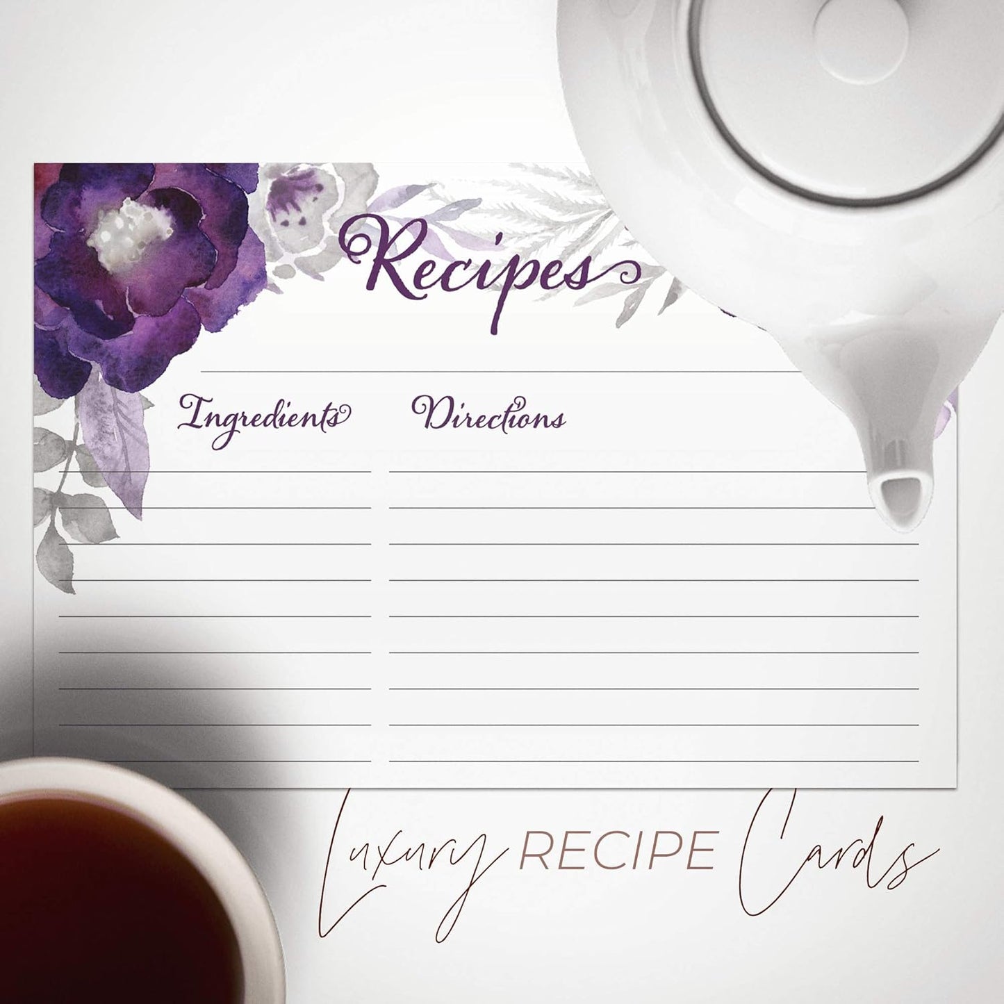 Floral Recipe Cards from Dashleigh, 48 Double-Sided Water-Resistant Cards, 4x6 inches (Violet Purple)