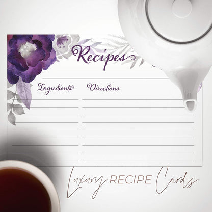 Floral Recipe Cards from Dashleigh, 48 Double-Sided Water-Resistant Cards, 4x6 inches (Violet Purple)