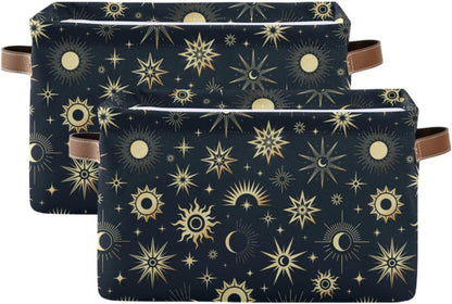 Foldable Canvas Storage Basket with Handles, Sun Moon Star Design, Durable Organizer for Nursery Kids Shelves