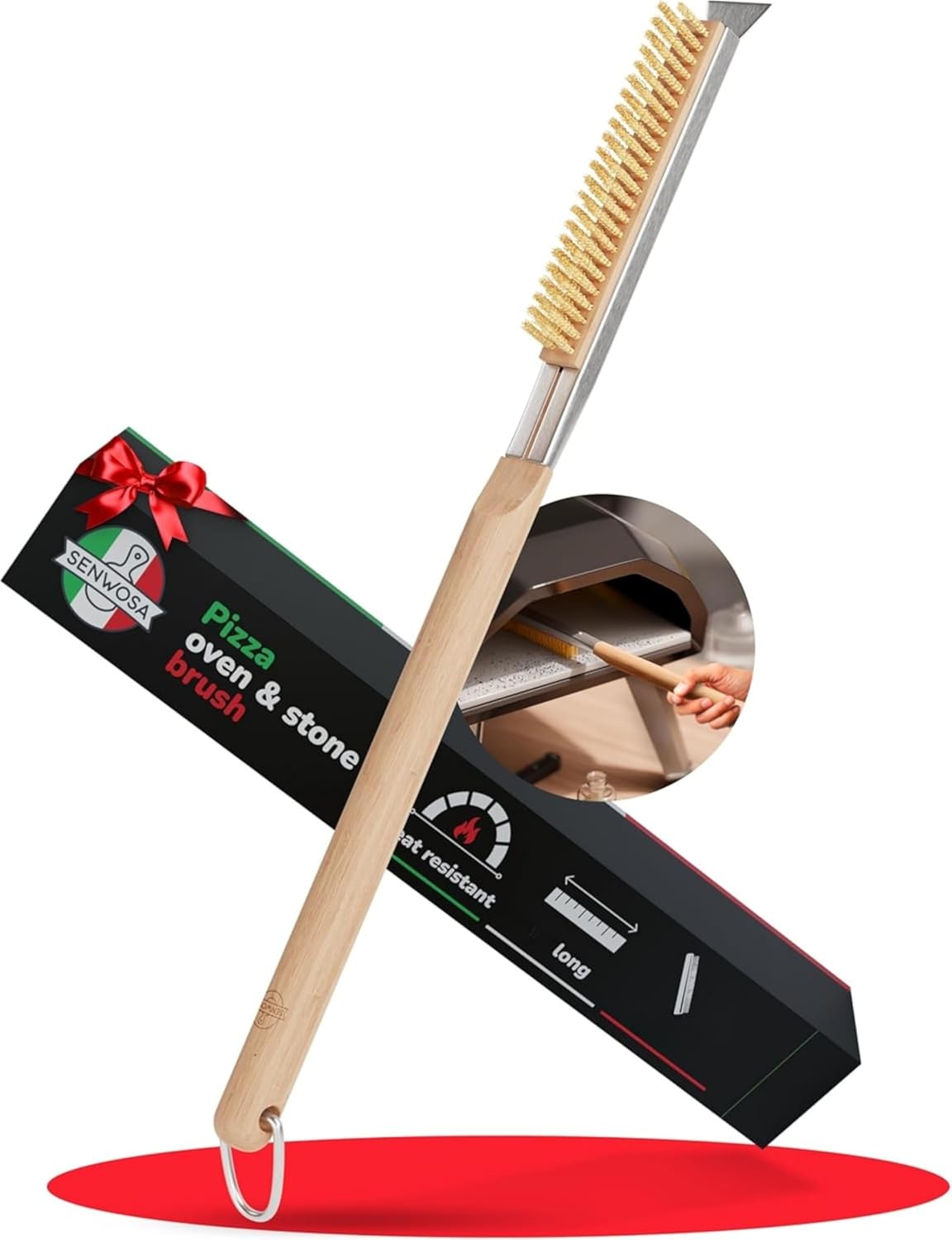 22 Senwosa Pizza Oven Brush with Stone Scraper - Heat Resistant Stainless Steel Bristles, Extra Long Handle - Universal