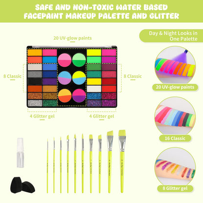 Pintada 44 Color Face Painting Kit for Party - Non Toxic Water Activated Face Paint Palette with Stencils, Brushes, Gems & Glitter. Halloween, Carnival; Costume Makeup for Creative Activities