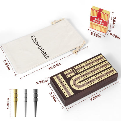 ESENHARBER Foldable Wooden Cribbage Board Set - Elegant 3-Track Design with Magnetic Closure, 9 Metal Pegs, Full Deck of Cards, Perfect for Family Game Nights and Travel