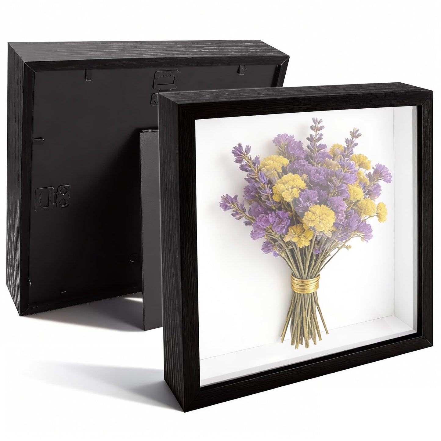 VOKOY 2 Pack 8" x 8" Shadow Box Frame, Wooden Black Hollow Photo Frame with Clear Acrylic Front Memory Display Cases Picture Frames Bulk for Photos Awards Medals Dried Flowers Seashell Memorabilia
