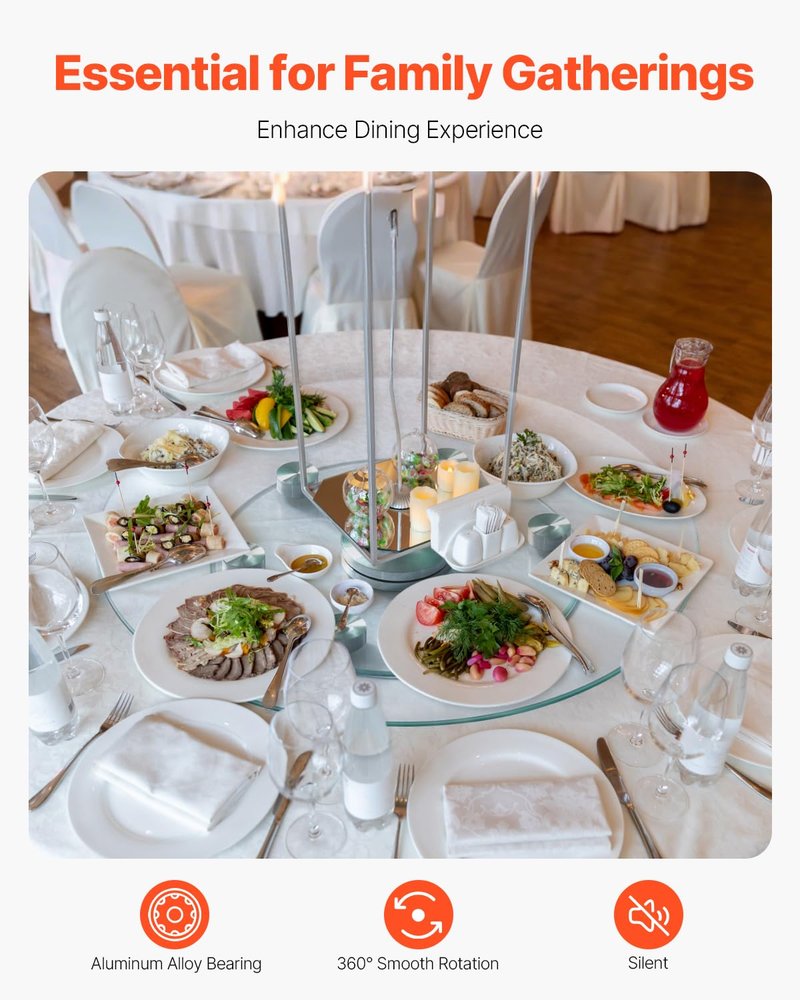 VEVOR 24 in Glass Lazy Susan Turntable, Tempered Glass Dining Table Centerpiece with 6 Rotating Wheels, 360° Smooth and Silent Spin Tabletop Rotating Tray, for Family Gatherings, Banquets & Weddings