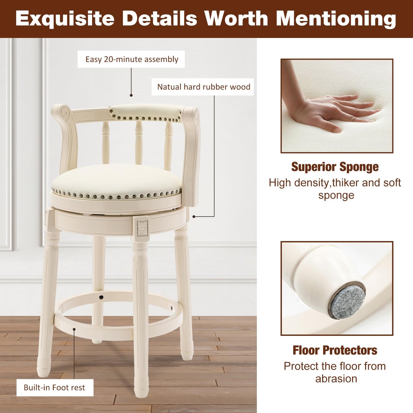 CozyRain Bar Stools Modern Swivel Barstools, Kitchen Counter Genuine Leather Upholstered Bar Stool Island Barstool with Footrest for Home Kitchen Dining Room (White, Seat Height 26 in)