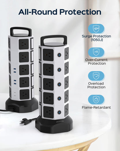 Power Strip Tower Surge Protector, JACKYLED 20 Outlets 6 USB (2 USB C) Charging Station, Extension Cord with Multiple Outlets, 1050J 1625W/13A Outlet Extender 6.5ft Extension Cord for Home Office