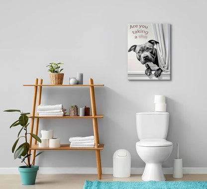 KADEYEE Funny Dog Bathroom Wall Art - French Bulldog Peeking Into Toilet | Black & White Framed Print 12x16 Inch