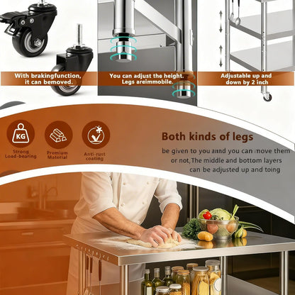 Stainless Steel Prep and Work Table with Wheels, Multi-Size Heavy-Duty Metal Commercial Kitchen Commercial Workbench,Suitable for Restaurants, Homes,Outdoor and Hotels(71" Lx32 Wx34 H)