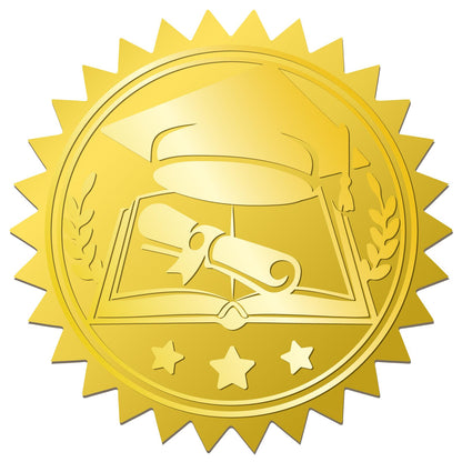 CRASPIRE 408Pcs Graduation Cap Books Certificates Official Gold Foil Embossed Stickers 2" Self Adhesive Envelopes Seals Round Labels for Award Wedding Invitation Corporate Diplomas Gift Wrapping Decor