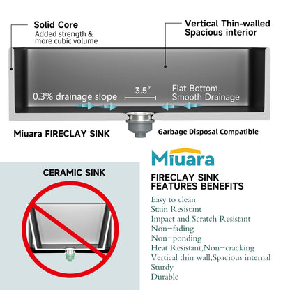 Miuara Black Farmhouse Sink 33 Inch - Large Apron Front Kitchen Sink Single Bowl 33"x18", Undermount Farm House Style, Heavy Duty Solid Fireclay, Matte Black, for Kitchen