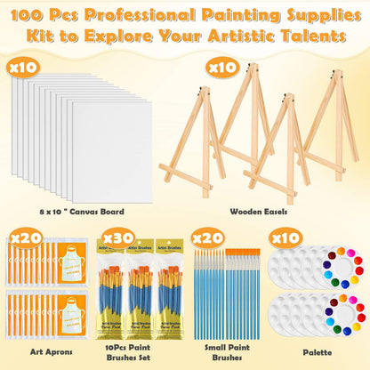 100-Pack 8x10 Inch Canvas Boards for Painting – Complete Art Kit with 50 Brushes, 20 Art Aprons & Paint Trays – Includes Mini Easel for Adults Beginners & Party Art Projects Home Deco