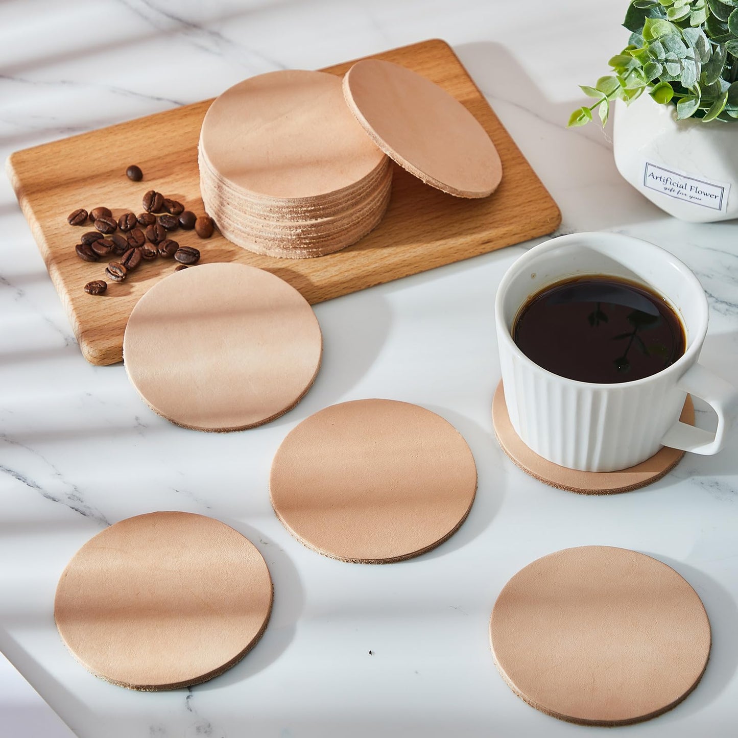 Bulyoou 25 Pack Round Vegetable Tan Leather 3-1/4" Tooling Veg Circular Leather Pieces Sheet for Laser Engraving Coasters Tooling Stamping Carving, Thickness 3.2 mm