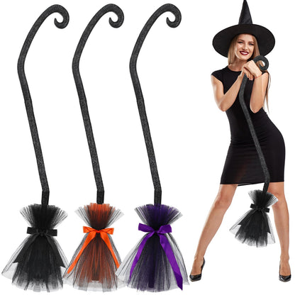 Lenwen 3 Pcs Halloween Witch Broom Plastic Witch Broomstick with Ribbons for Women, Halloween Party Costume Accessories(Black, Purple, Orange)