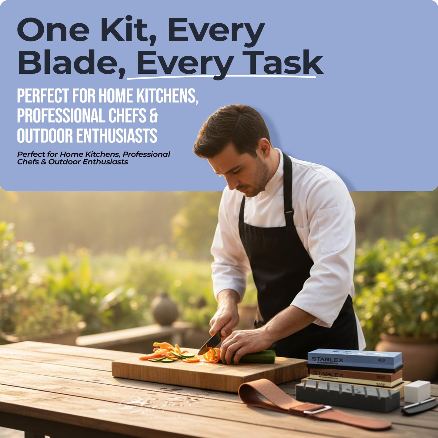 Premium Knife Sharpening Stone Set – Dual Grit Whetstones (400/1000 & 3000/8000), Leather Strop, Flattening Stone, Bamboo Base, Non-Slip Bases & Angle Guide for Kitchen, Chef & Hunting Knives