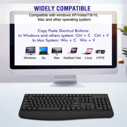 QUASIO Wireless Keyboard, 2.4G Full-Sized Ergonomic Wireless Computer Keyboard with Wrist Rest for Windows, Mac OS Laptop/PC/Desktop/Notebook(Black)