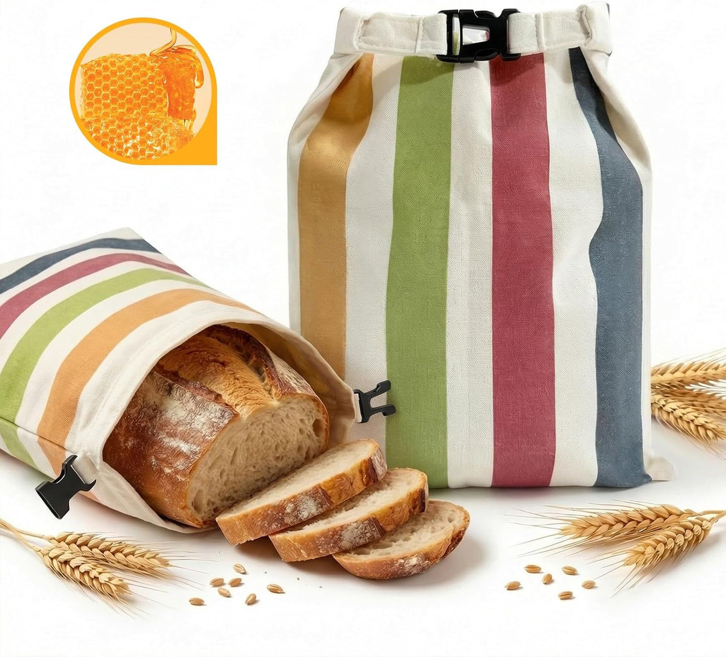 Holaraon 2 Reusable Beeswax Bread Bags for Homemade, Natural Linen Sourdough Bread Storage Bag with Buckle, Large