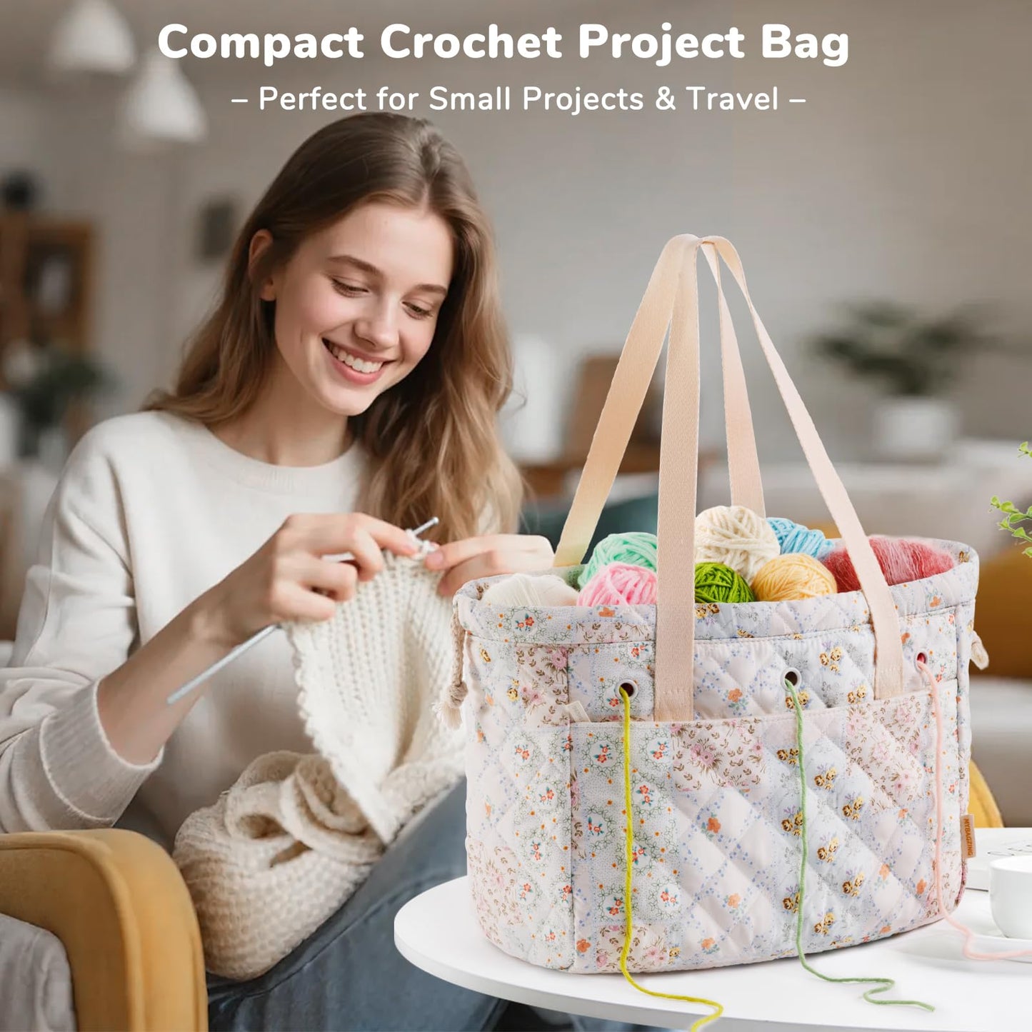MYBAGZING Portable Crochet Bag Organizer with Crochet Hook Organizer Roll, Quilted Yarn Storage Tote with Grommets, Knitting Project Bag for Yarn & Accessories, Floral Craft Tote Gift for Crocheters