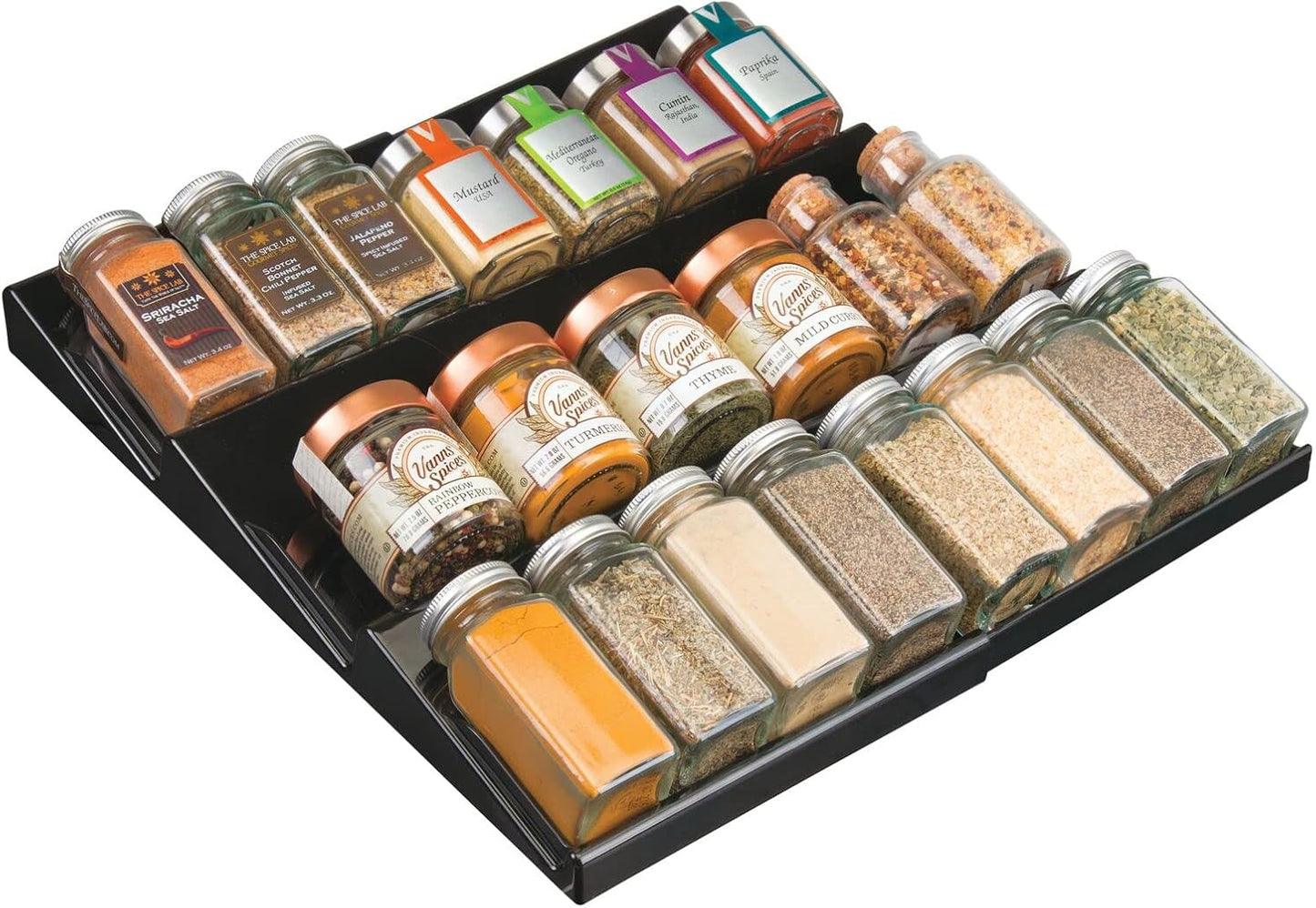 mDesign Expandable Plastic Deluxe Spice Rack, 3 Tier Slanted Drawer Organizer for Kitchen Cabinets