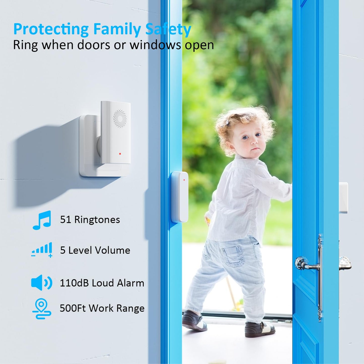 Wireless Door Sensor Chime, Door Open Alarm When Entry Business/Office/Store (500ft Range 51 Ringer Adjustable Volume) Home Alert Bell for Kid/Toddler Safety