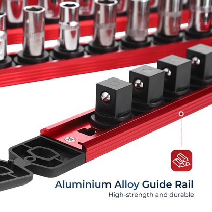Reniteco Magnetic Socket Organizer Set, 3PC 3/8-Inch Drive Aluminum Alloy Socket Rail, Heavy Duty Magnetic Socket Holder for Tool Box Drawer, 360° Swivel Socket Rack, 3/8" x 42 Clips, Red
