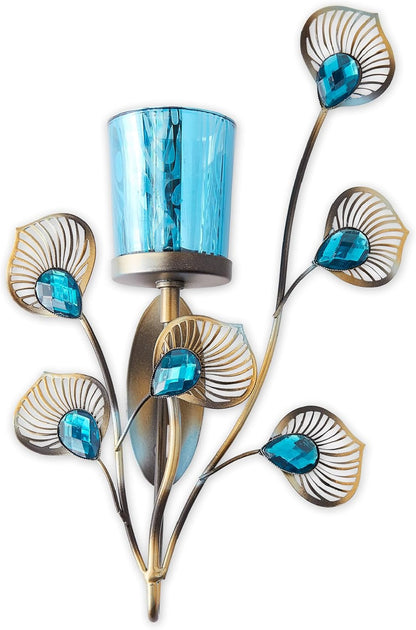 6.75x2.25x10.75, Zingz & Thingz Exotic Peacock Plume Collection Tealight & Candle Lighting, Wall Sconce Single