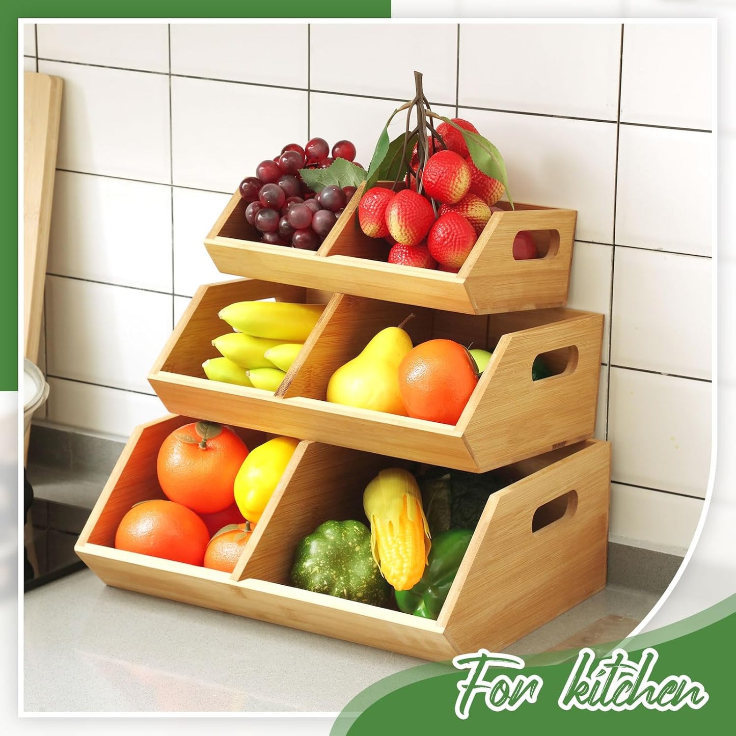 Barydat 3 Pcs Onion and Potato Storage, Bamboo Pantry Organizer, Stackable for Kitchen, Countertop, Vegetable Storage
