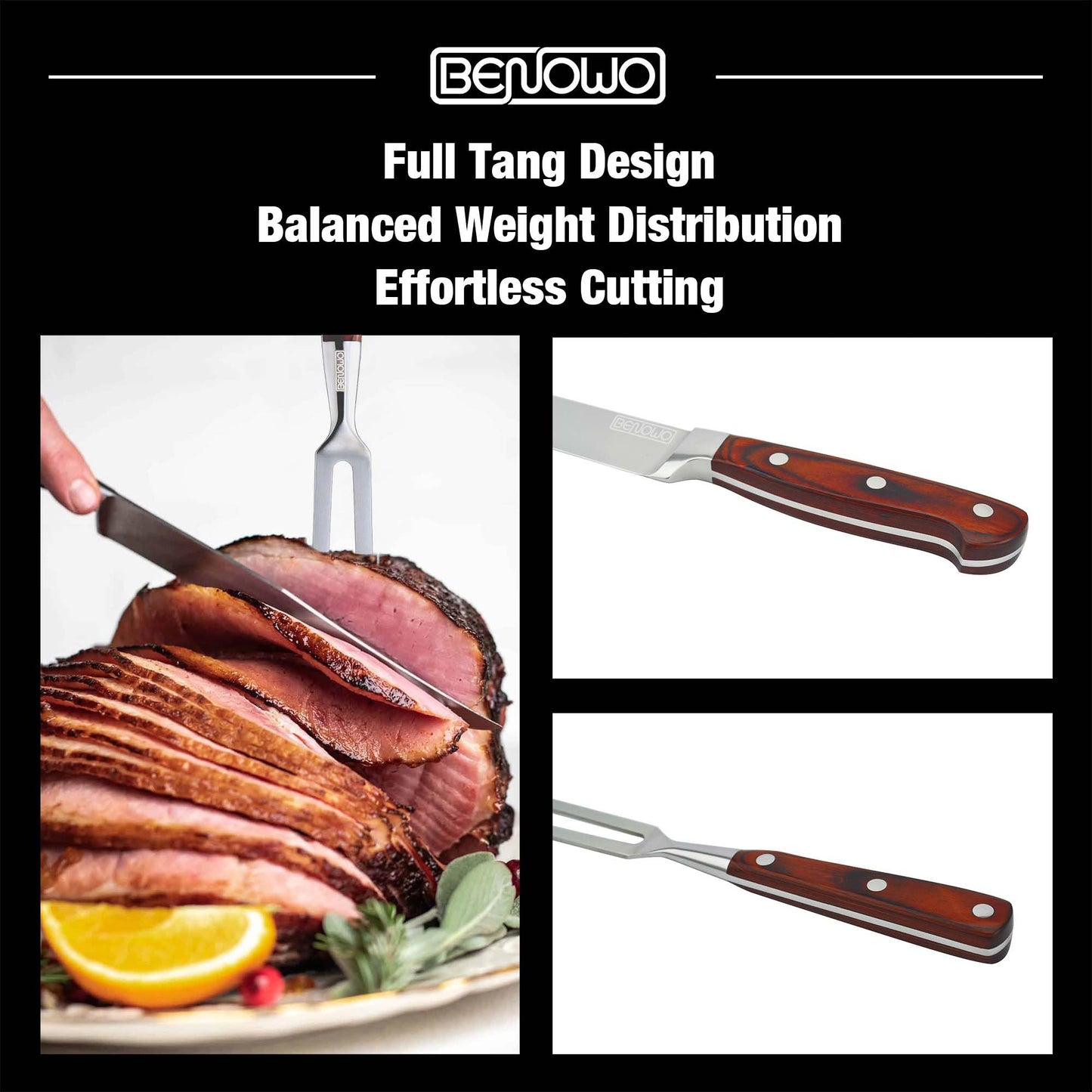 Benowo Carving Knife Set 2-Piece, 8-inch Turkey Carving Knife and Fork Set Stainless Steel Kitchen Knife for Steak, Hibachi Knife and Fork, BBQ Carving Fork with Gift Box – Designed in USA