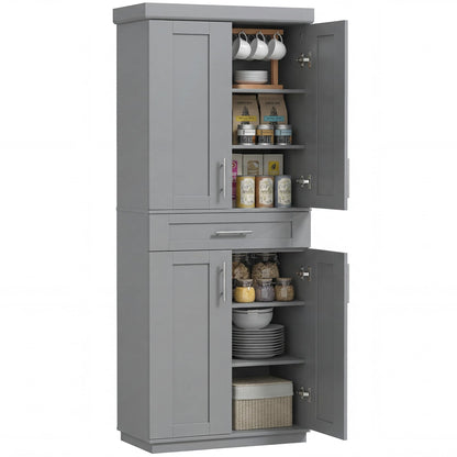 HOMCOM 72" Kitchen Pantry Cabinet, Freestanding Tall Storage Cabinet with 4 Doors, Drawer and 3 Adjustable Shelves for Dining Room, Gray