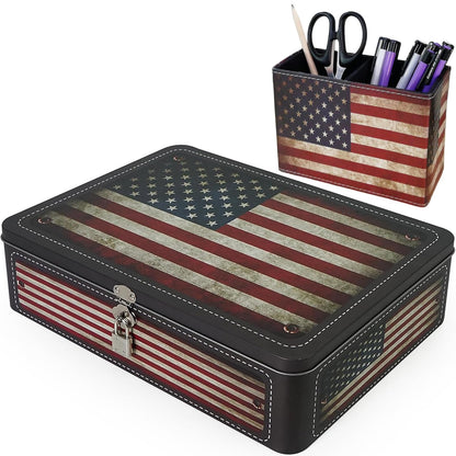 DreamsEden Decorative Storage Box & Pen Holder, Desktop Pen Pencil Cup Organizer Tin Box with Padlock Keepsake Container Office Home Patriotic Decor (American Flag)