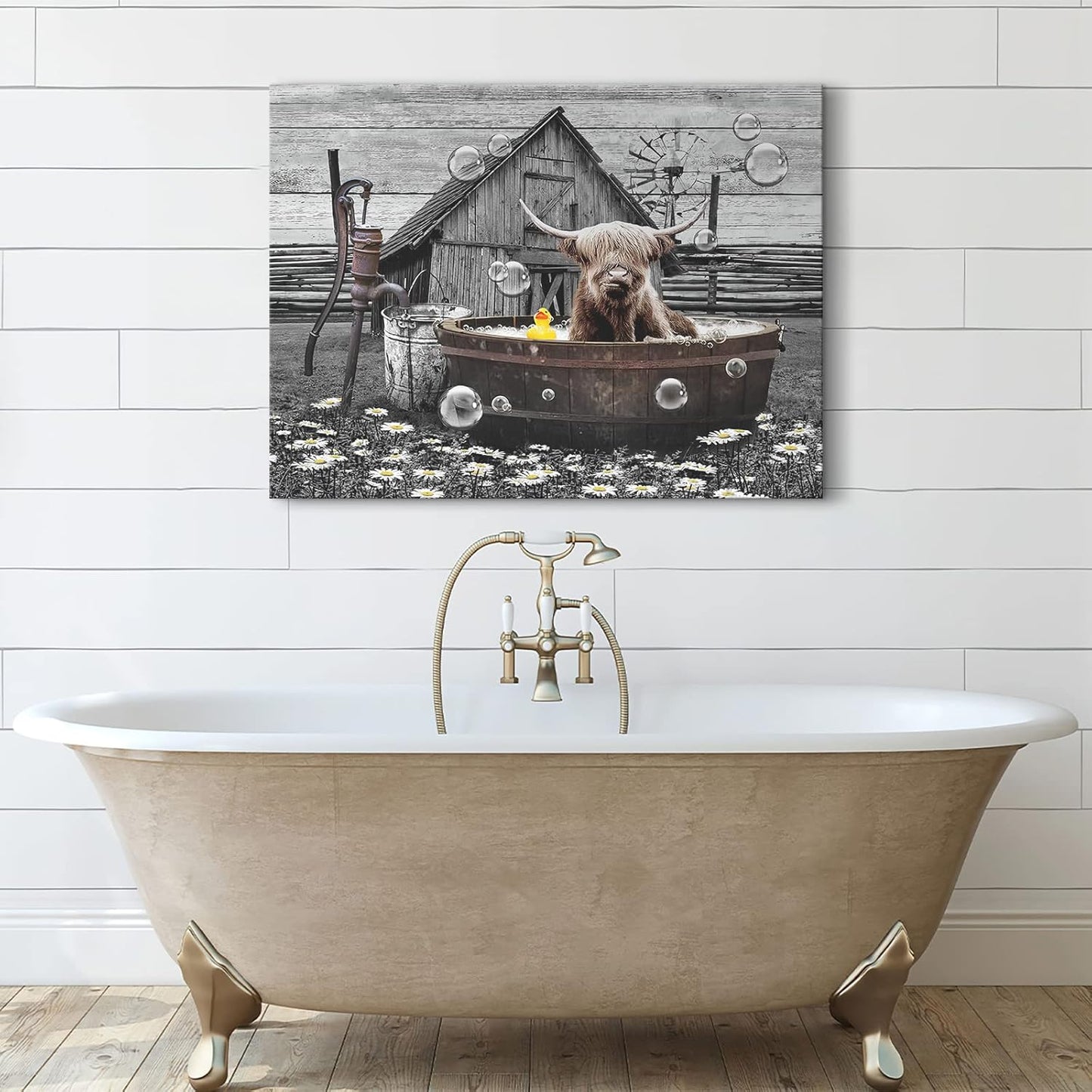 Farmhouse Bathroom Decor Wall Art, Funny Highland Cow in Bathtub, Rustic 12"x16" Framed Bathroom Cow Painting