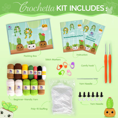 Crochetta Crochet Kit for Beginners, Crochet Starter Kits for Adults, Amigurumi Craft Knitting Crocheting Kits with Step-by-Step Video Tutorials, 6 Pc Hanging Potted Plants Family(40%+ Yarn