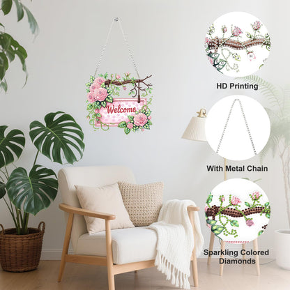 Roses Flower Diamond Art Hanging Ornaments Kits for Adults, Spring Diamond Painting Pendant Kits, DIY Acrylic 5D Special Shaped Crystal Gem Art Painting Ornament for Home Wall Decor Gift 8x8 Inch