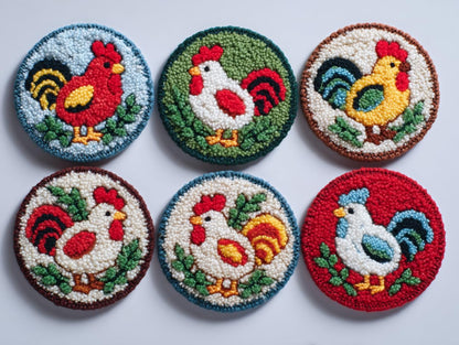 6PCS Punch Needle Coaster Kit Chick Roosters Easy for Beginners Stress Relief Craft Set with Hoop Yarn & Patterns DIY Embroidery Mug Rug Kit for Adults Kids Home Decor-2