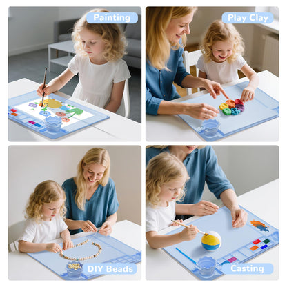 Silicone Art Mat for Kids Silicone Painting Mat Silicone Painting Station with Detachable Cup,Palette with Lid &360°Phone Holder Craft Mat for Kid Paint Mat with Bulit-in Brush Rest&Ruler 20"X16" Blue