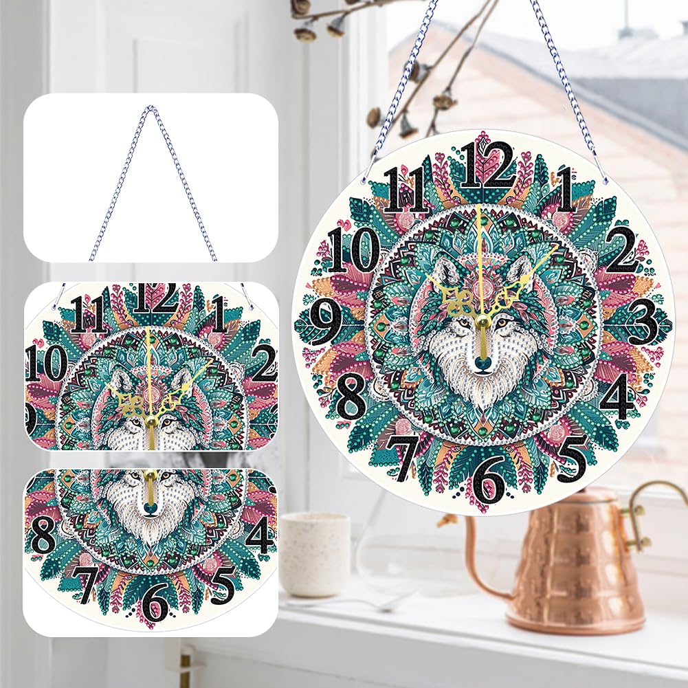 5D Special Shaped Wolf DIY Diamond Art Painting Clock Kit for Adults Quartz Movement Unique Wall Decor for Living Room Office Cool Creative Gift