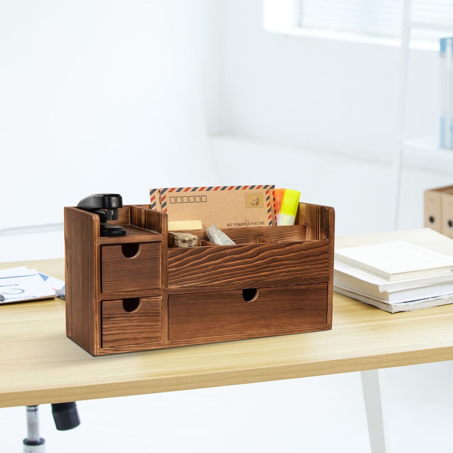 ExoLiry Deep Roast Wooden Desktop Organizer 3 Drawers Office Supplies Storage Caddy Box Stationery Pencil Mail Holder Note Pads Makeup Tools Cosmetics Dark Brown