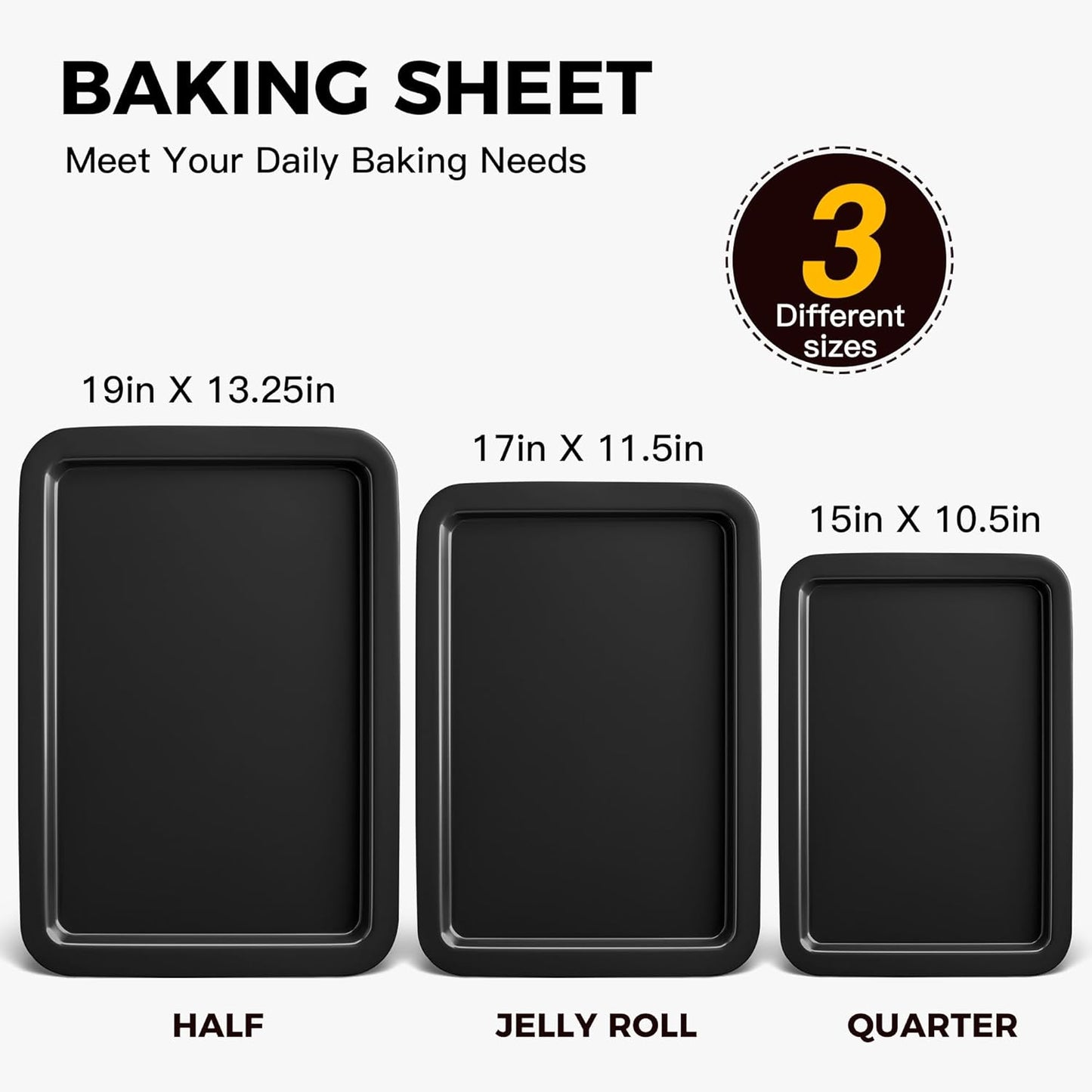 HONGBAKE XL Large Baking Sheet Set, 19x13.25 in, Nonstick Oven Tray with Wider Grips, 3 Pack, Dishwasher Safe