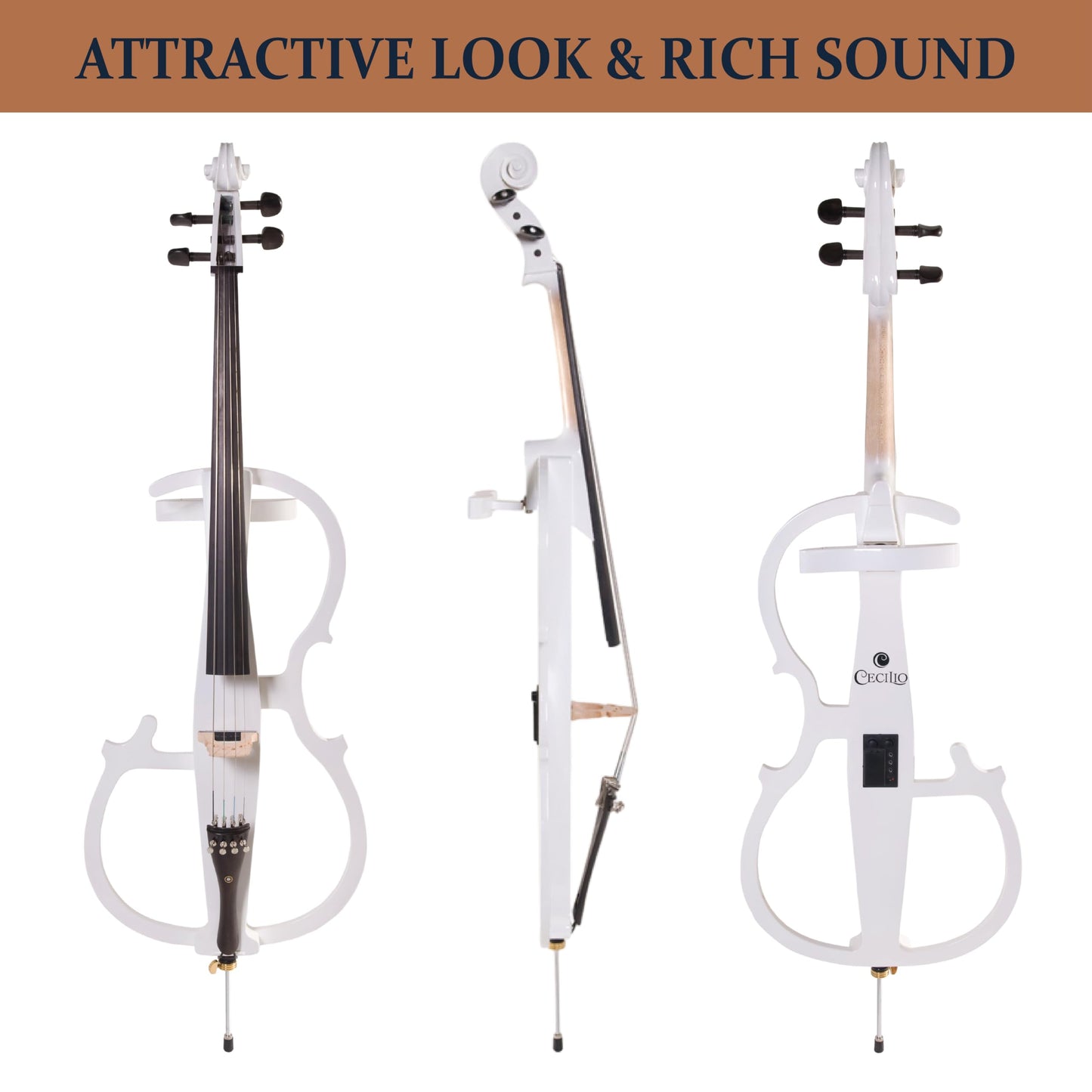 Cecilio 4/4 Electric Cello with Ebony Fittings, Professional Silent Electric Cello Kit with Bow, Rosin, Aux Cable and Headphone, Musical Instrument for Beginners, Pearl White