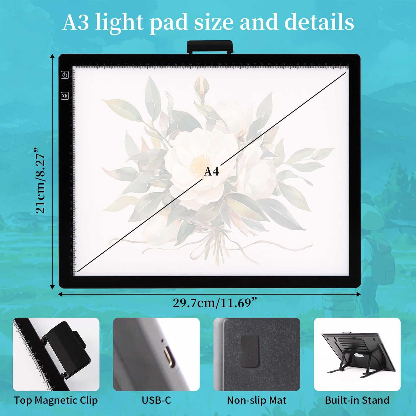 Magictaill Light Board for Diamond Painting, Rechargeable A3 Tracing Light Box with Stand and Clip,3 Colors Stepless Dimmable & 6 Levels Brightness Light Pad for Artist, Drawing, Sketching, Animation