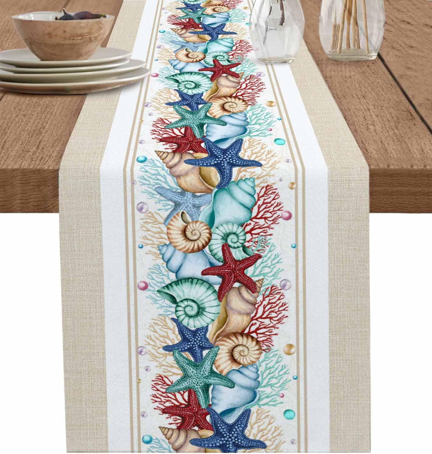 Lsrtoss 70 Inches 13" 70" Rustic Coastal Table Runner Long, Nautical Starfish Farmhouse Dress Scarves, Beach Coral