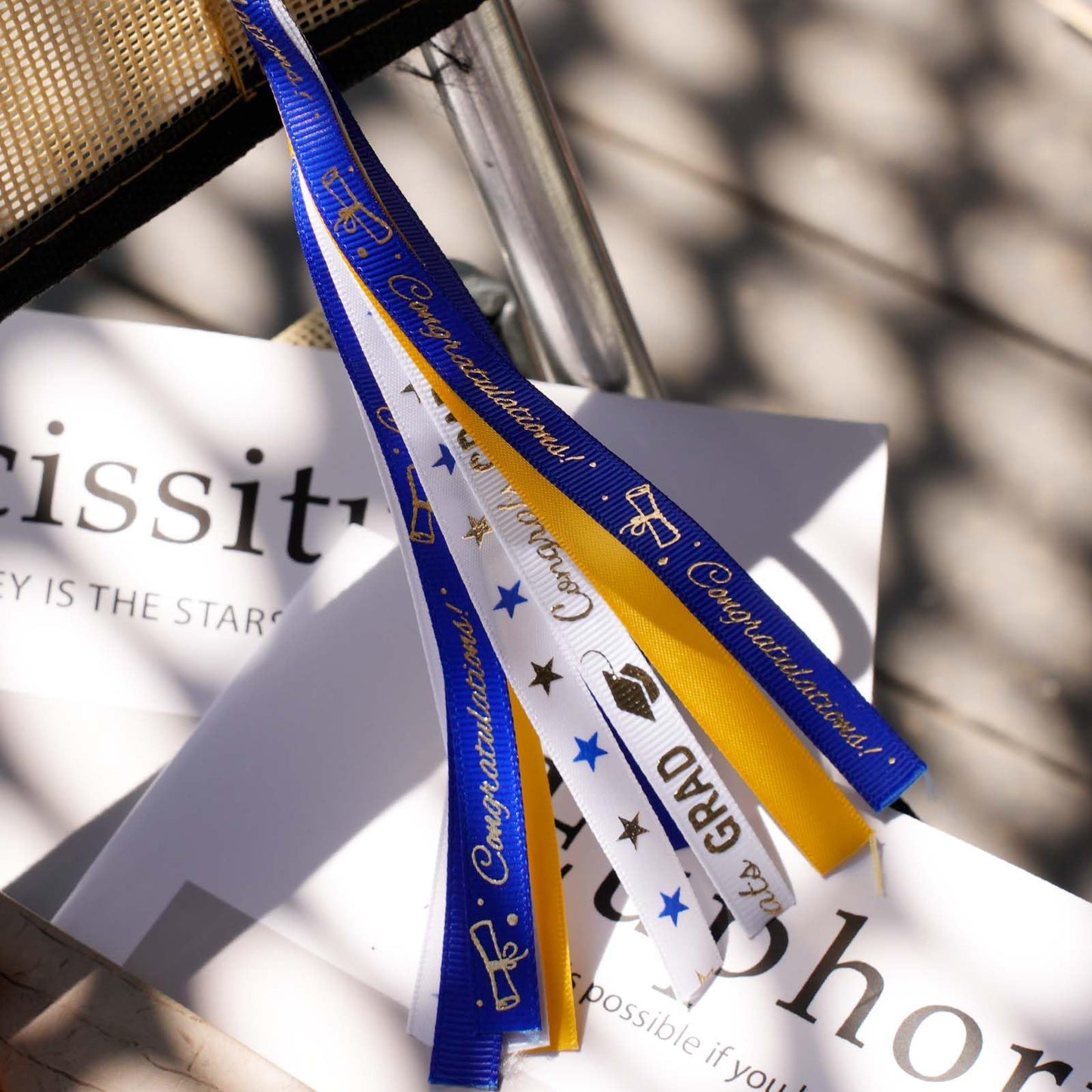 LaRibbons Graduation Ribbon 4 Rolls 1" and 3/8" 20 Yards TTL, Blue and White Gold Congrats Grad Satin Grosgrain Ribbon for Gift Wrapping Class of 2026 Grad Party Lei Making