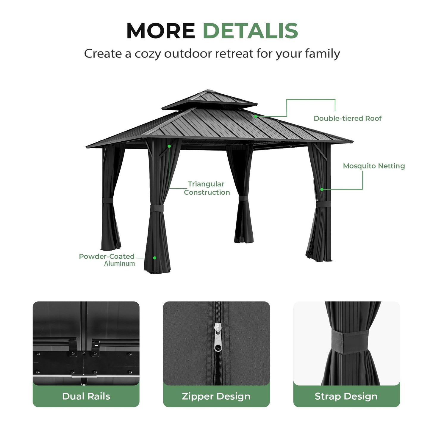 LUXIJOY 12' x 12' Hardtop Gazebo, Aluminum Frame with Double Galvanized Steel Roof, Outdoor Metal Gazebo with Netting & Curtains for Backyard, Garden, or Deck, Grey